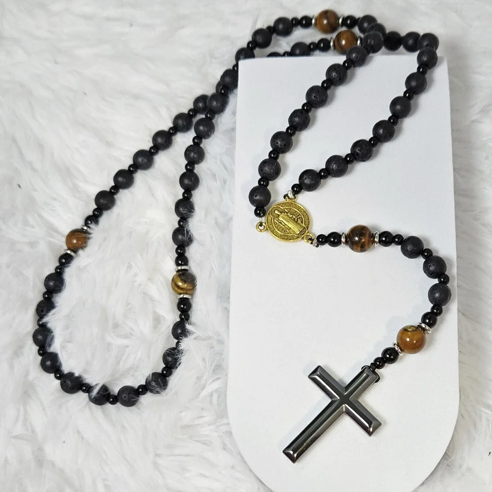 Tiger Eye Lava Stone Rosary Necklace St Benedict Medal Hematite Cross Masculine